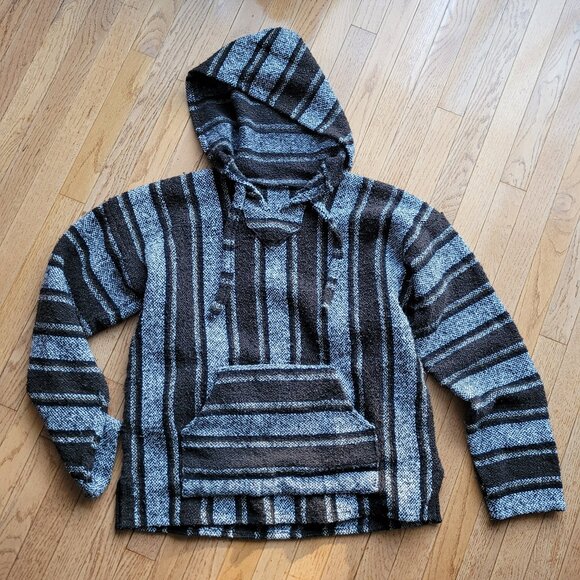 Baja Pullover Hoodie Drug Rug Striped Hooded Sweatshirt Mexican Baja Jacket - Picture 1 of 7
